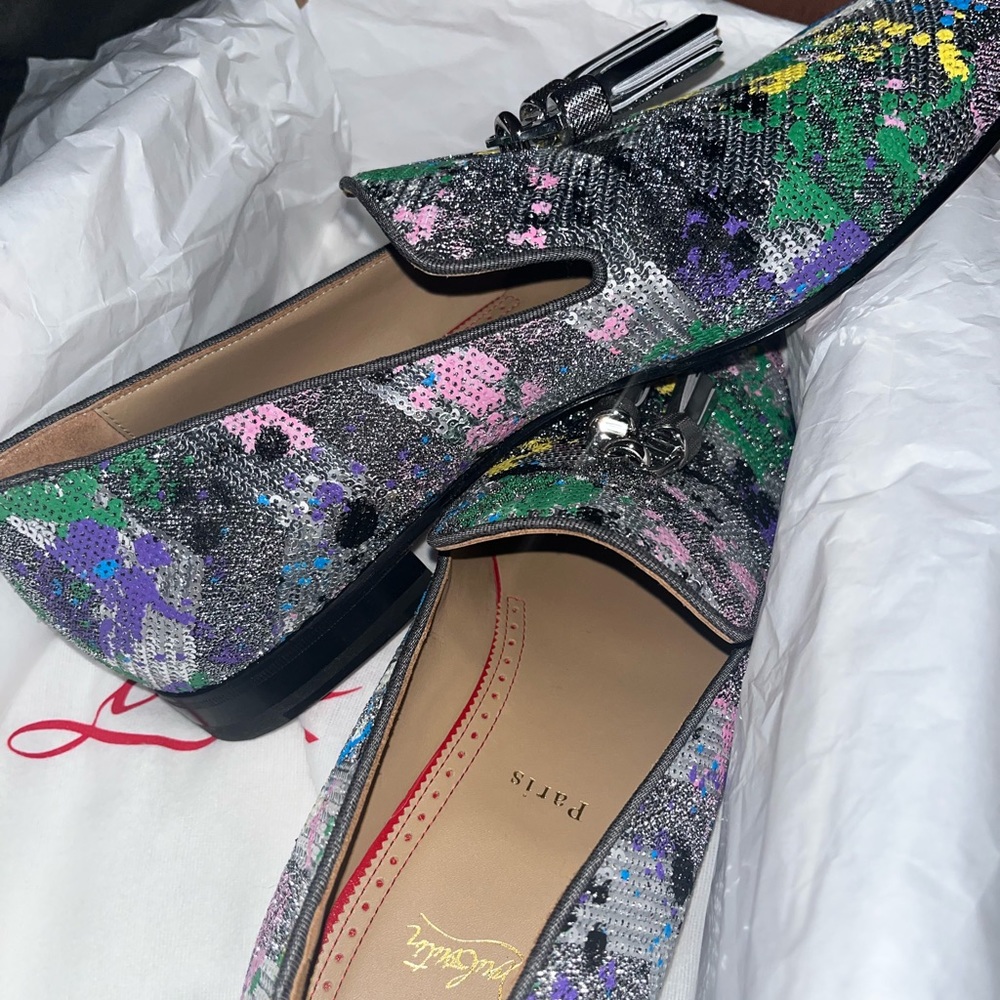 CHRISTIAN LOUBOUTIN
Rivalion Flat Paillette Splash Patterned Slippers